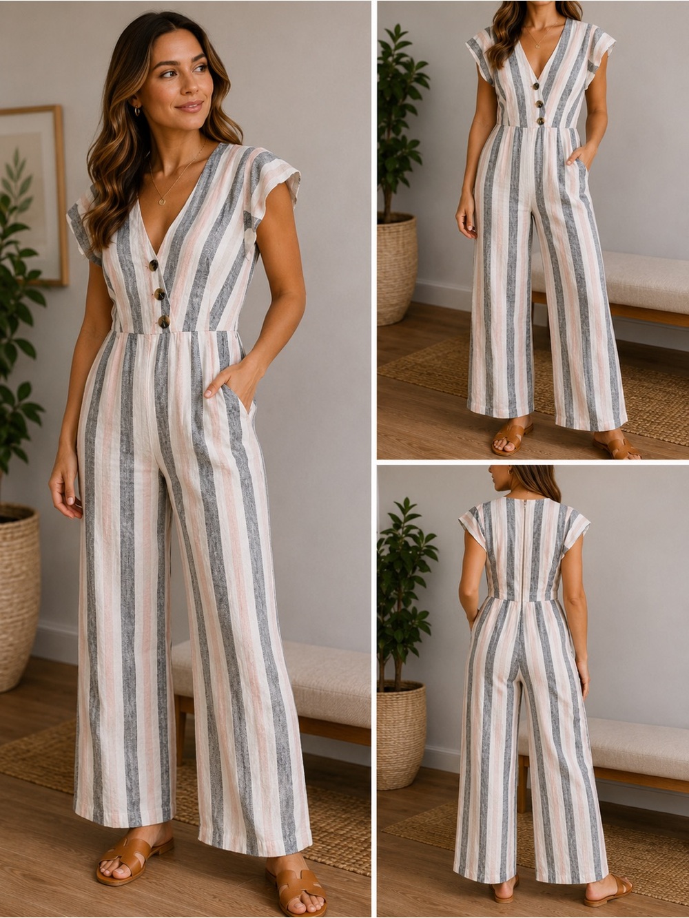 Urban Outfitters Striped Linen Blend Wide Leg Jumpsuit | Size M